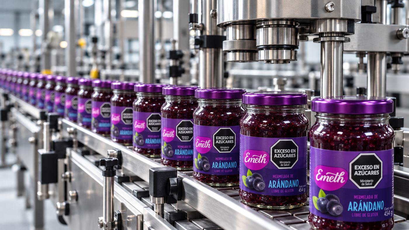 Frascos de mermelada Emeth de 454 g en línea de producción
